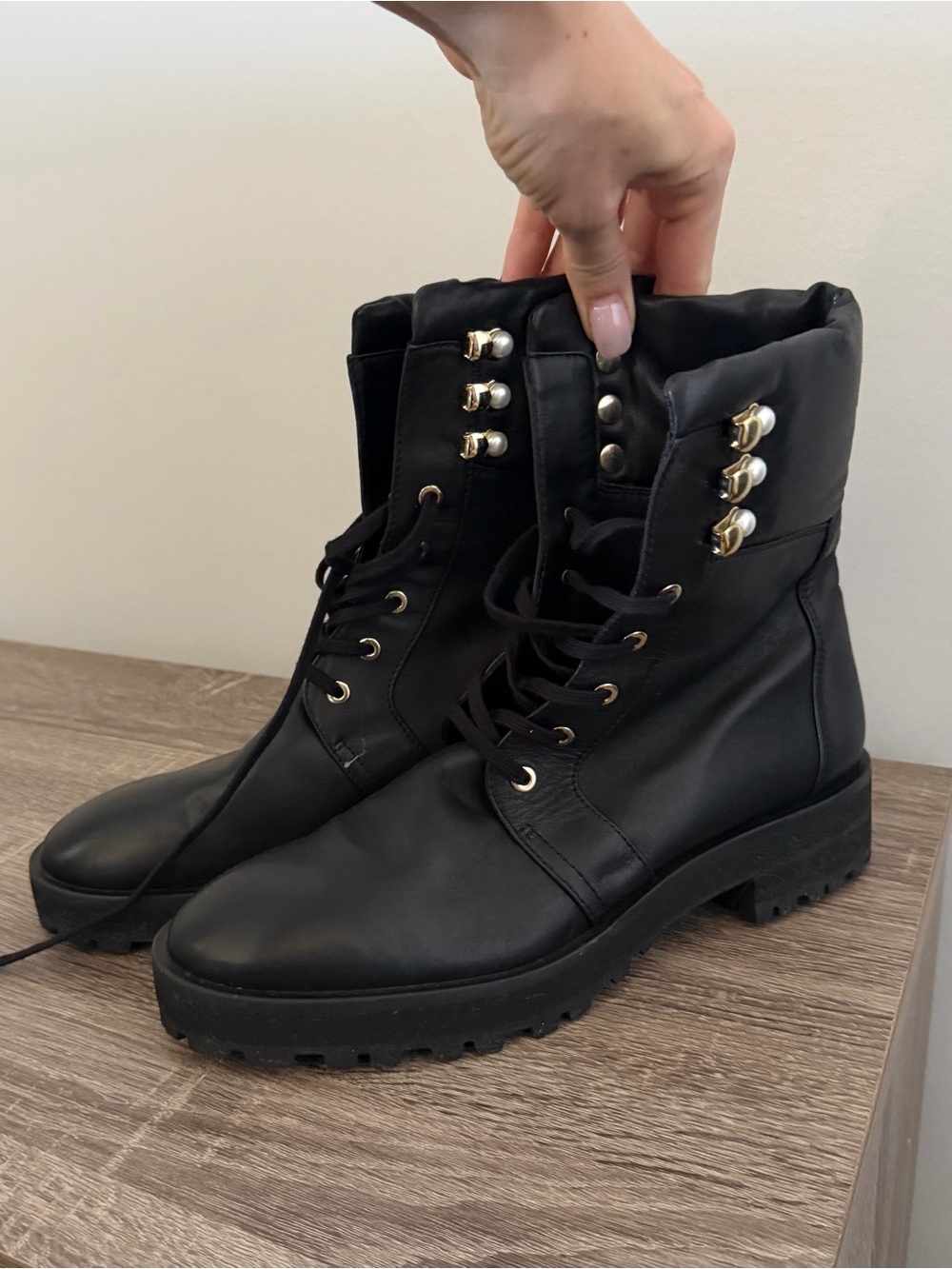 Stuart Weitzman Black Leather Pearl-Accent Lace-Up Boots
